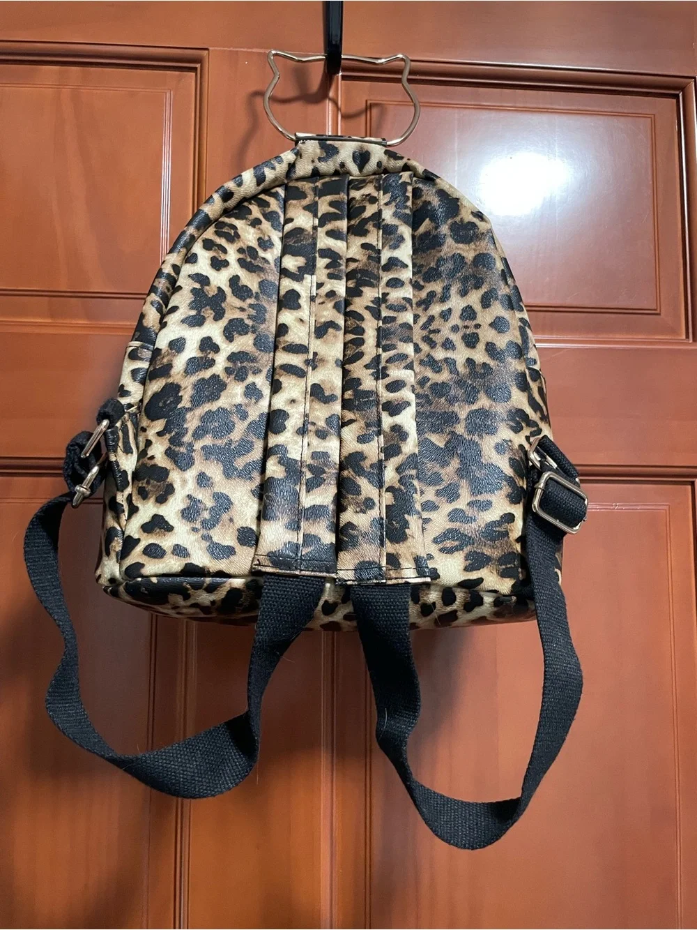 Leopard Print Mini Backpack with Cat-Handle Accent - Tan/Black